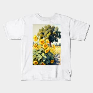 Watercolor Field of Sunflowers on a Sunny Day Kids T-Shirt